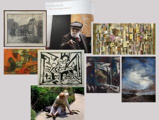 Dans le désordre… Peinture de Bissière, photo de Jean Bertholle en séance, Dessin de Plin, peinture de Nallard, dessin de Rémy Aron, peinture de Beaugé,et de Christophe Kawalko, Clémentine Odier à l'ouvrage