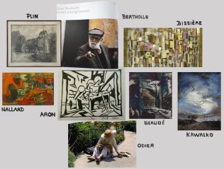 Dans l'ordre d'apparition et d'exercice… Peinture de Bissière, photo de Jean Bertholle enseignant, Dessin de Plin, peinture de Nallard, page d'un des carnet de Rémy Aron, peinture de Beaugé, peinture de Christophe Kawalko et photo de Clémentine Odier dessinant. Sur un téléphone vous pouvez zoomer avec deux doigts, sur un ordinateur vous pourrez très bientôt cliquer l'image pour l'agrandir...